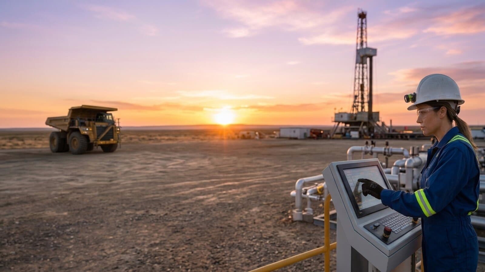 Worker operating plant equipment at an oil field at sunset