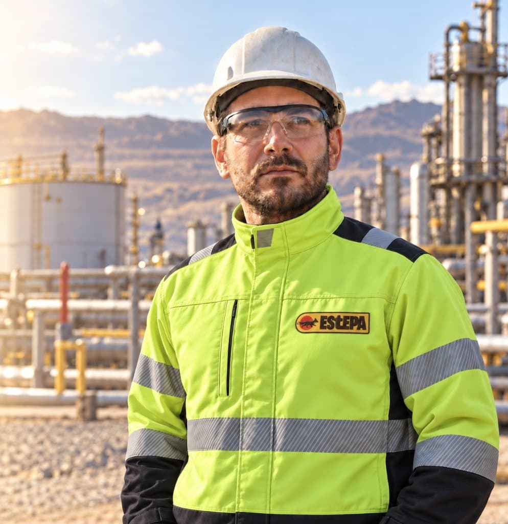 Worker in an ESTEPA high-visibility jacket at an oil and gas plant