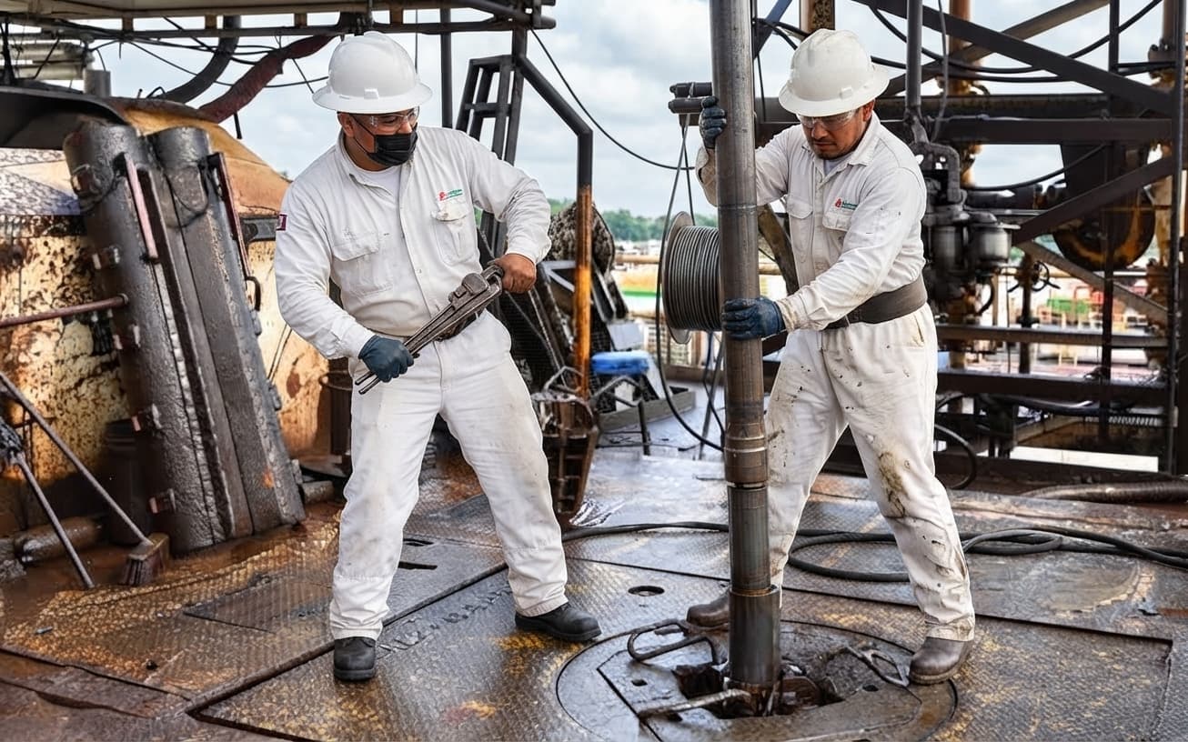 Workers in white workwear handling drill pipe on a drilling rig