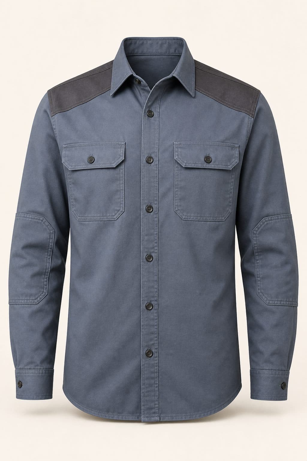 Steel blue Uspallata Industrial Shirt with contrasting shoulder yoke and reinforced elbows, front view on a neutral background.