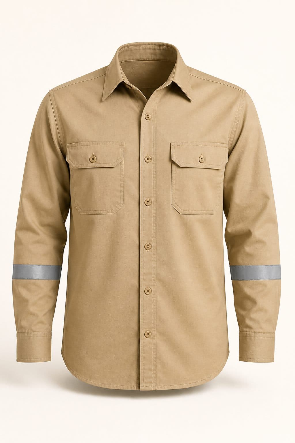 Pampa FR cotton flame-resistant work shirt, certified workwear in sand with chest pockets and retroreflective tapes.