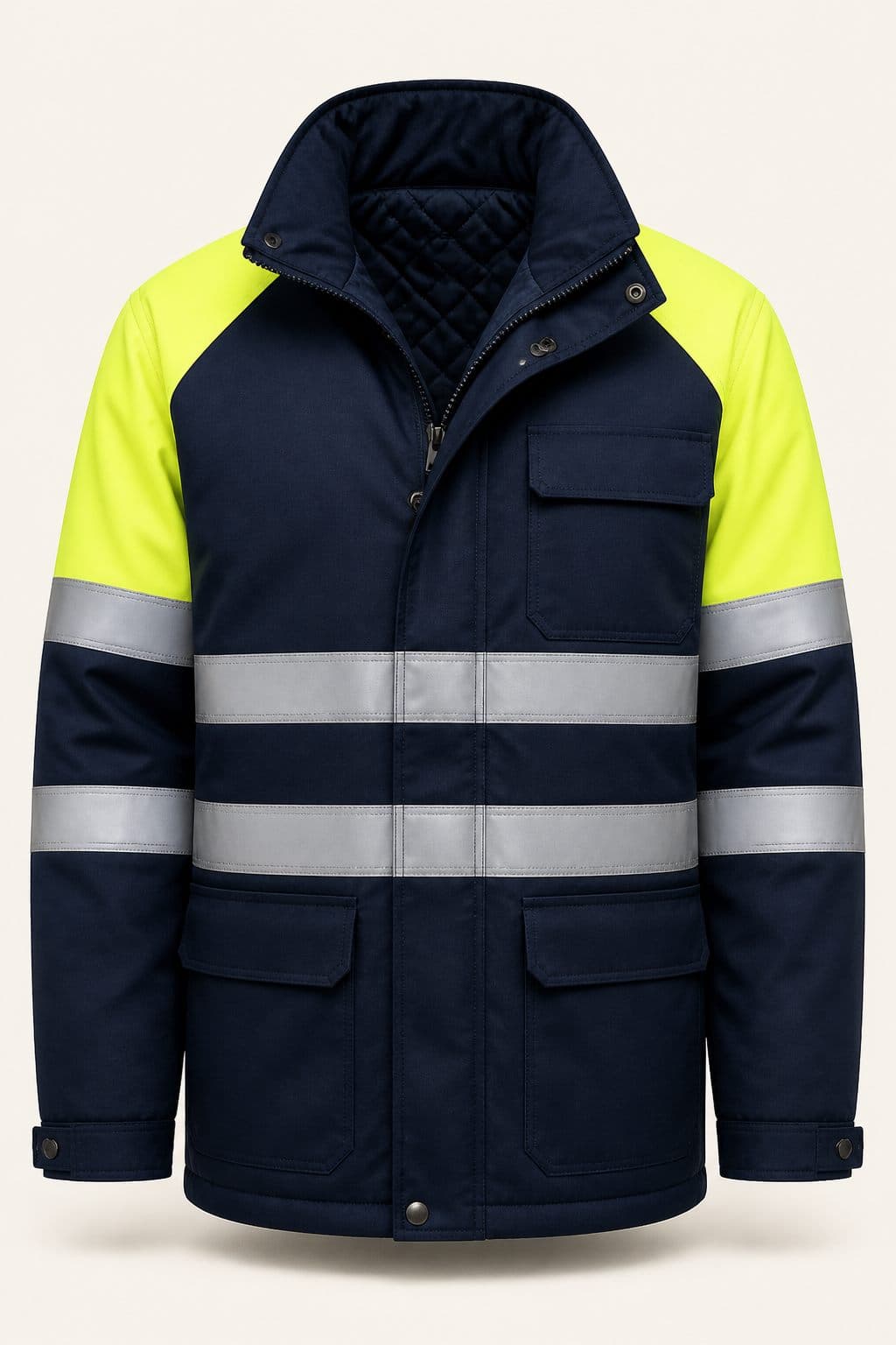 Navy blue Andes Industrial Jacket with fluorescent yellow shoulder panels and retroreflective tapes, front view on a neutral background.