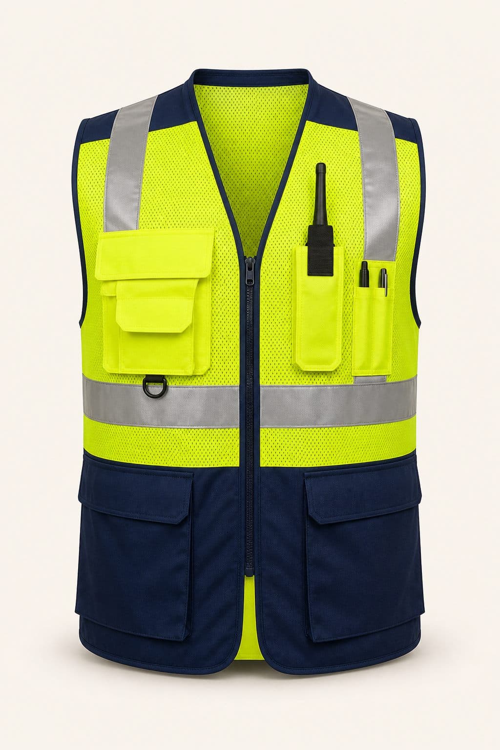 Zonda High-Visibility Vest in fluorescent yellow mesh with navy blue lower panel and retroreflective tapes, front view on a neutral background.