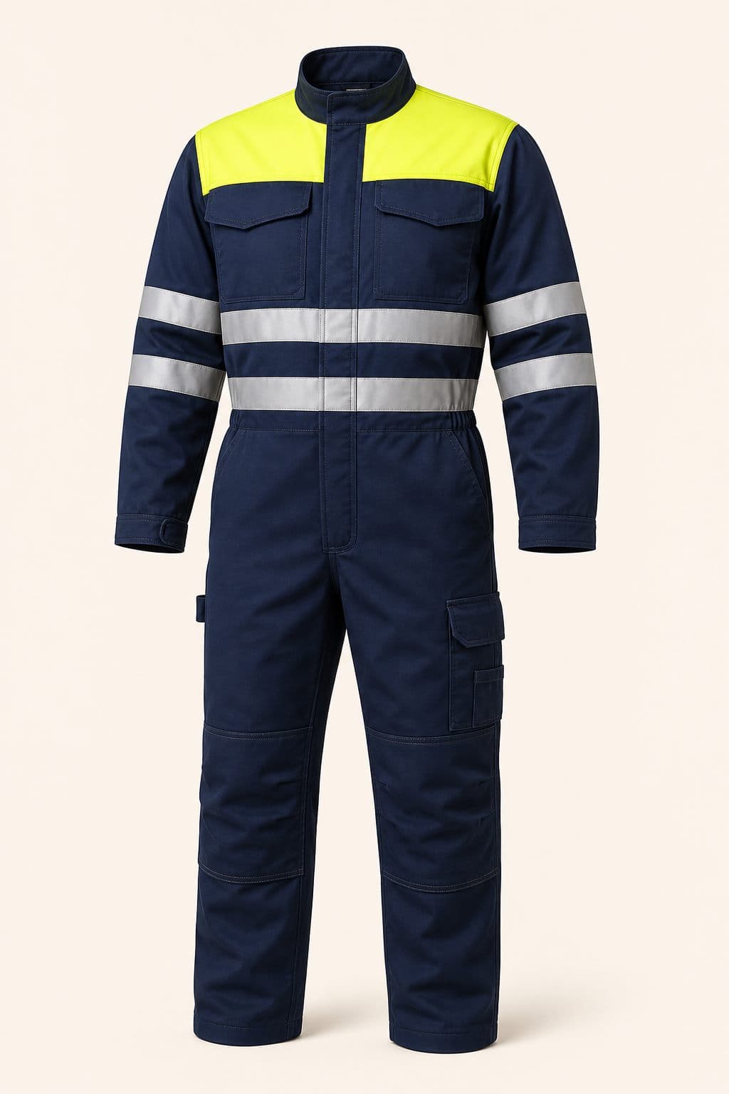 Certified workwear: navy Cordillera Mining Coverall with fluorescent yellow yoke and retroreflective tapes, front view.