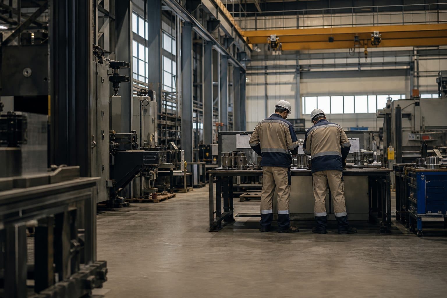 Certified industrial workwear: team in a production plant