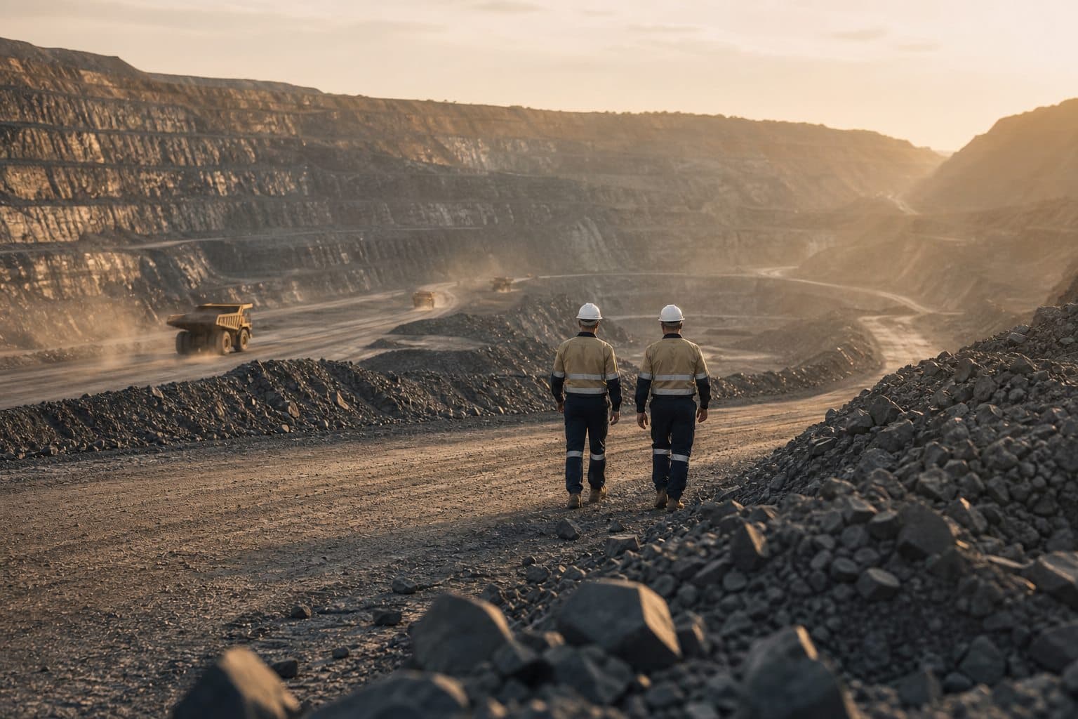 Flame-resistant mining workwear: worker in high-visibility apparel at an open-pit operation
