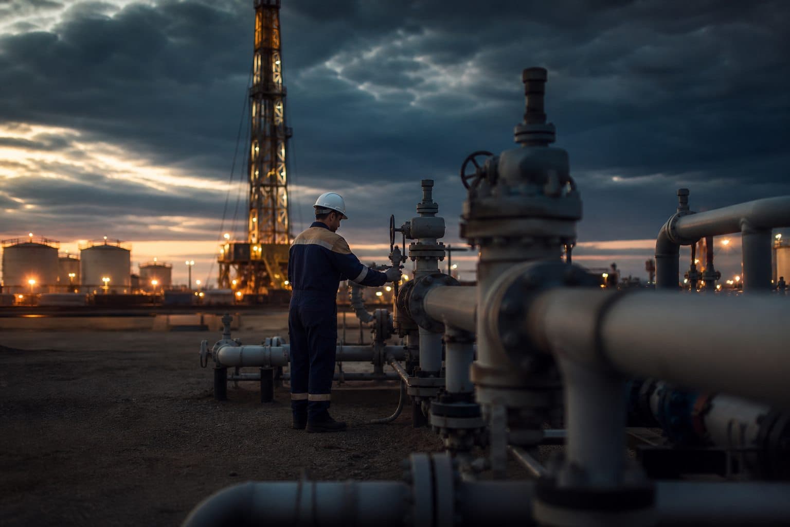 Antistatic oil and gas workwear: worker in certified FR apparel next to production facilities